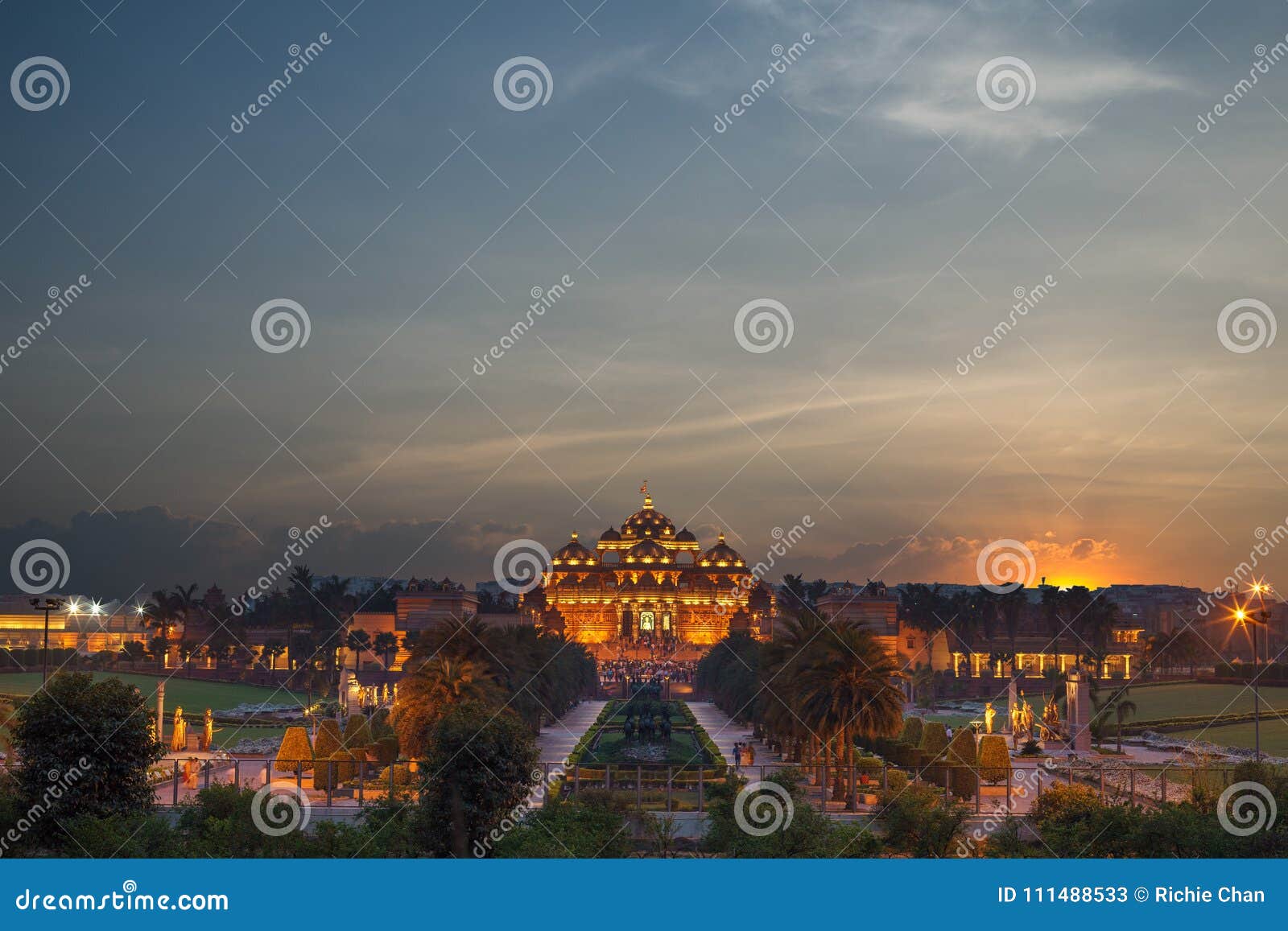 night view of akshardham temple in delhi, india